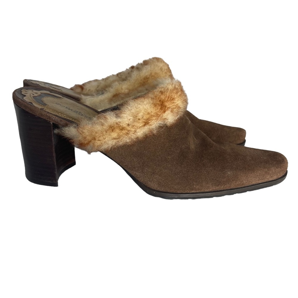 Matisse brown suede fur trim chunky heel mule clog 10